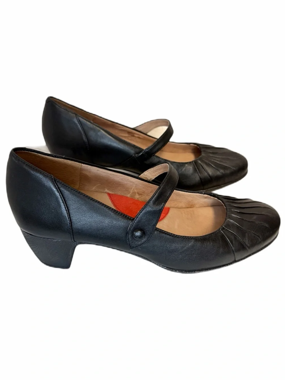 SoftWalk Black Leather Mary Jane Pleated Low Heel Pumps